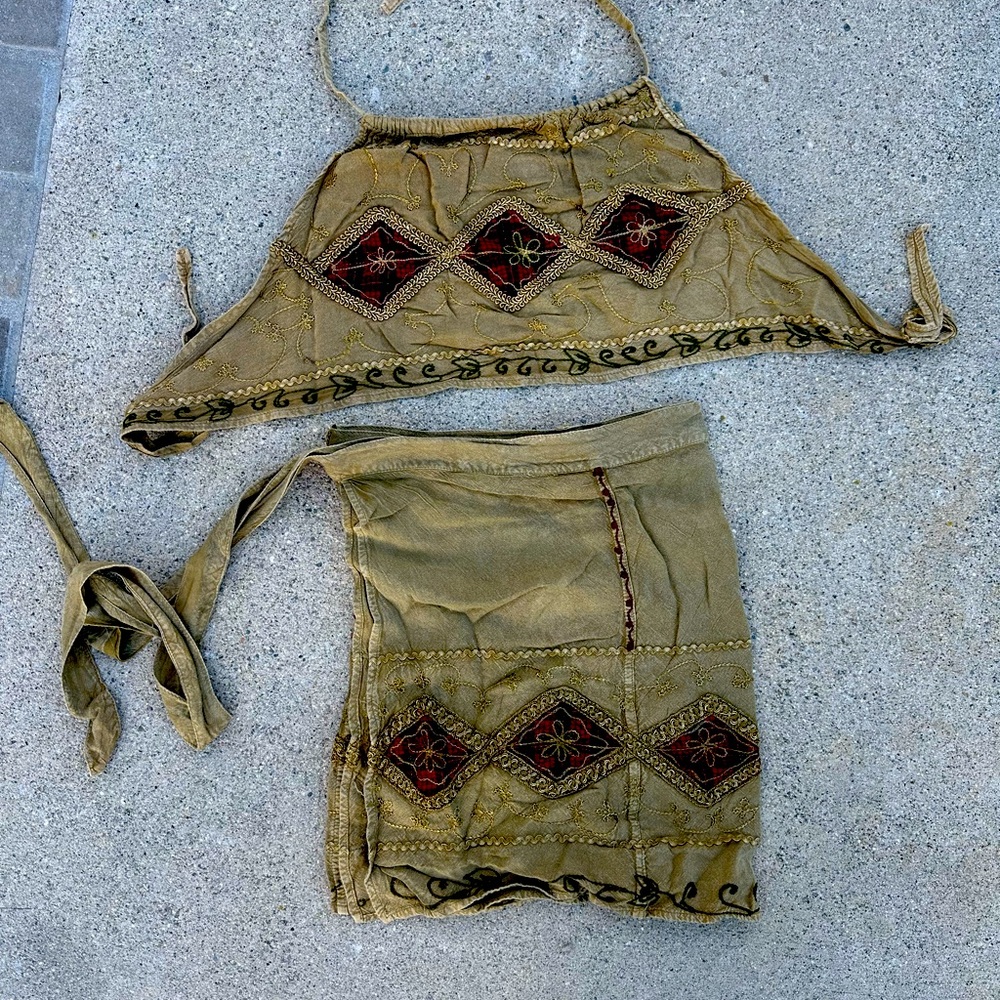Boho Olive Green Embroidered Two-Piece Skirt Set